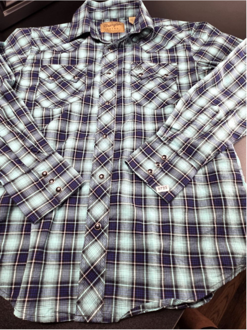 Wrangler Retro Western Shirt Men M Blue Plaid Pearl Snap Cowboy Long Sleeve #723